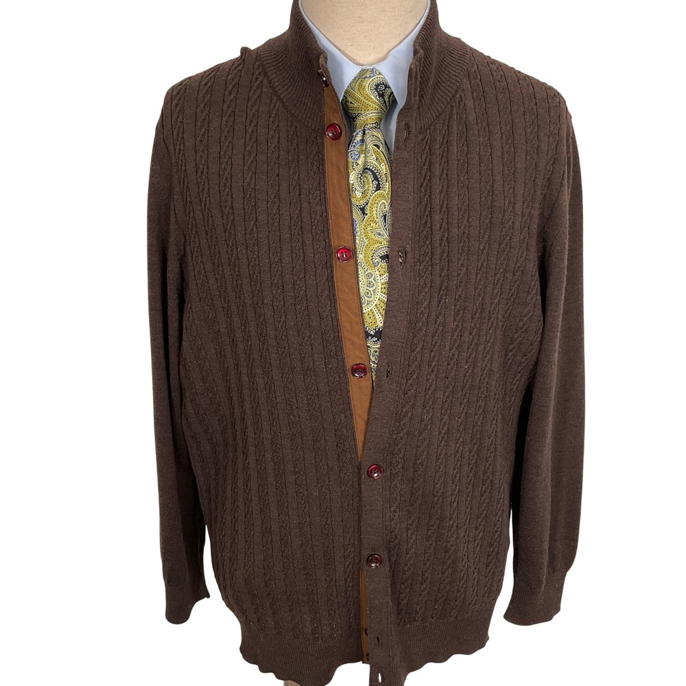 LUCHIANO VISCONTI Cardigan Mens Large Brown Cable Knit Mock Lightweight Sweater